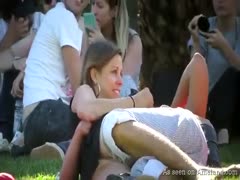 Just a lewd and lovely brunette legal age teenager with her boyfriend in the park 